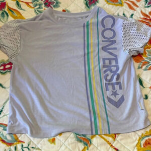Converse Junior Girls Sz 10/12 Crop Top, White With Print, Mesh Sleeves